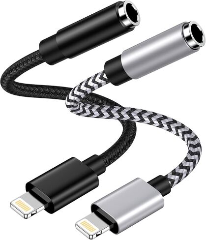 محول سماعة رأس iPhone، 2 حزمة Apple Dongle Lightning إلى 3.5 مم محول جاك مضفر سلك Aux سلك محول مقسم سماعات الأذن متوافق مع iPhone 14 13 12 11 Pro Max X XR XS SE 8 7 Plus iPad iPod in Kuwait