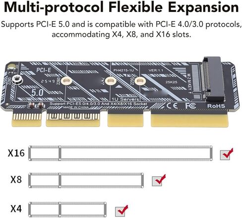 بطاقة محول Cuifati M.2 SSD إلى PCIe، محول M2 Mkey رفيع إلى PCIe 5.0 X16 يدعم NVMe 2230 2242 2260 2280 SSD، مع مؤشر LED ناعم، لخادم 1U والأنظمة المدمجة in Kuwait