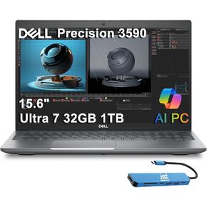 كمبيوتر محمول Dell Precision 3590 Mobile Workstation AI PC (15.6 بوصة FHD، Intel 12-Core Ultra 7 155U، 32GB DDR5، 1TB SSD) للأعمال، المهندس، FP، 2X Thunderbolt 4، كاميرا ويب 1080p RGB، IST HUB، Win 11 Pro in Kuwait