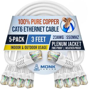 | CAT6 Ethernet Cable | 100% Pure Copper | Pack of 5 | Plenum Rated | UTP, 23AWG, 550MHz | DSX-8000 Certified | Most Certified Cable of The Whole Market (White, 3ft) in Saudi Arabia