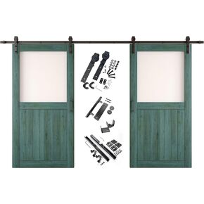 Royal Pine 36 x 80 in. Sliding Barn Door, Set of 2 Doors, Half Lite Frosted Glass, Assembly Required, with 13 ft Double Door Hardware Kit, Non-Bypass, Interior Use in Saudi Arabia