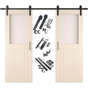 Tinsmith Gray 40 x 80 in. Sliding Barn Door, Set of 2 Doors, Half Lite Frosted Glass, Assembly Required, with 14 ft Double Door Hardware Kit, Non-Bypass, Interior Use in Saudi Arabia