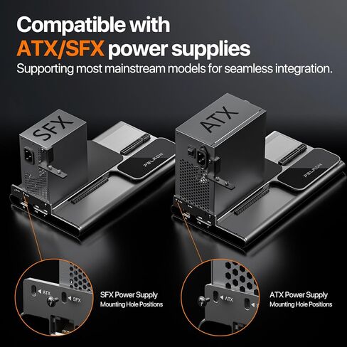 قاعدة إرساء GPU خارجية من PELADN مع كابل Thunderbolt 5، ومنافذ Thunderbolt 5 مزدوجة، وفتحة PCIe 4.0 x 4 مجهزة، وفتحة PCIe 3.0، ومنفذ USB 3.2 Gen2 Type-A، وفتحة بطاقة SD 4.0، ودعم ATX/SFX، وeGPU Dock in Kuwait