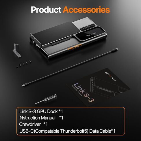 قاعدة إرساء GPU خارجية من PELADN مع كابل Thunderbolt 5، ومنافذ Thunderbolt 5 مزدوجة، وفتحة PCIe 4.0 x 4 مجهزة، وفتحة PCIe 3.0، ومنفذ USB 3.2 Gen2 Type-A، وفتحة بطاقة SD 4.0، ودعم ATX/SFX، وeGPU Dock in Kuwait