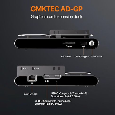 قاعدة إرساء GPU خارجية من PELADN مع كابل Thunderbolt 5، ومنافذ Thunderbolt 5 مزدوجة، وفتحة PCIe 4.0 x 4 مجهزة، وفتحة PCIe 3.0، ومنفذ USB 3.2 Gen2 Type-A، وفتحة بطاقة SD 4.0، ودعم ATX/SFX، وeGPU Dock in Kuwait