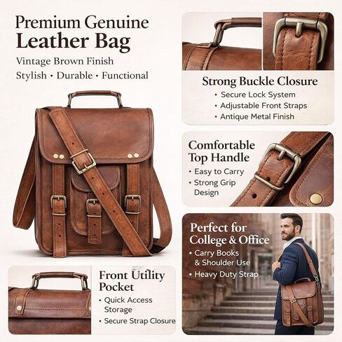 حقيبة كتف كلاسيكية من الجلد الطبيعي لجهاز iPad/الكمبيوتر اللوحي/علامة التبويب/Kindle Satchel Cross Body in Kuwait