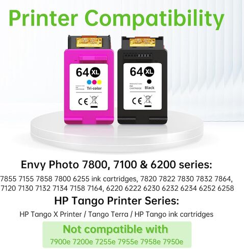 خراطيش حبر 64XL باللون الأسود واللون متوافقة مع حزمة التحرير والسرد لخرطوشة الحبر HP Ink 64 لحبر HP64 XL مناسبة لطابعة Envy Photo 7855 7858 7155 7120 7800 6252 6255 7158 7100 7164 Tango Series Printer (عبوتان) in Kuwait