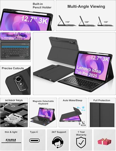حافظة لوحة المفاتيح لجهاز Lenovo Idea Tab Pro 12.7 بوصة 2025، لوحة مفاتيح مغناطيسية قابلة للفصل وحافظة جلدية قابلة للطي من البولي يوريثان وبطارية قابلة لإعادة الشحن وحامل أقلام وزوايا رؤية قابلة للتعديل ومفاتيح التنبيه/السكون التلقائي ومفاتيح الاختصار in Kuwait