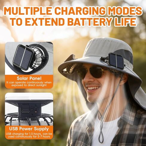 Solar Powered Fan Hat, with 2 Removable Fans & Sun Protection Neck Cover, Wide Brim Sun Hat for Men Women, Enhanced Airflow UPF 50+, USB and Solar Charging, for Outdoor Fishing, Hiking Gardening Grey in Kuwait