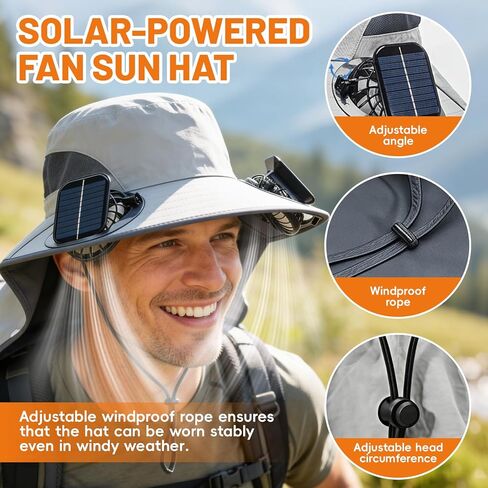 Solar Powered Fan Hat, with 2 Removable Fans & Sun Protection Neck Cover, Wide Brim Sun Hat for Men Women, Enhanced Airflow UPF 50+, USB and Solar Charging, for Outdoor Fishing, Hiking Gardening Grey in Kuwait