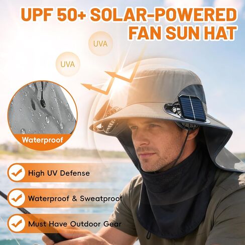 Solar Powered Fan Hat, with 2 Removable Fans & Sun Protection Neck Cover, Wide Brim Sun Hat for Men Women, Enhanced Airflow UPF 50+, USB and Solar Charging, for Outdoor Fishing, Hiking Gardening Grey in Kuwait