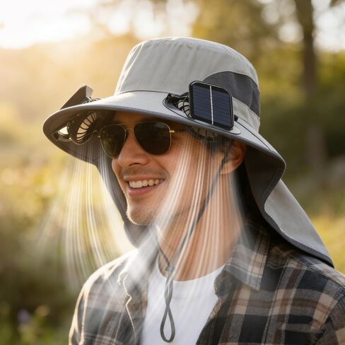 Solar Powered Fan Hat, with 2 Removable Fans & Sun Protection Neck Cover, Wide Brim Sun Hat for Men Women, Enhanced Airflow UPF 50+, USB and Solar Charging, for Outdoor Fishing, Hiking Gardening Grey in Kuwait