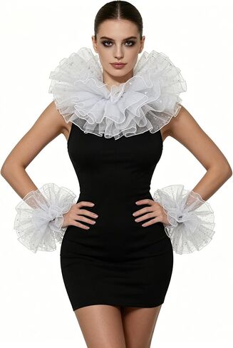 Renaissance Victorian Ruffle Collar and Wrist Cuffs Set Organza Colonial Clown Choker Neck Collar Cuff in Saudi Arabia