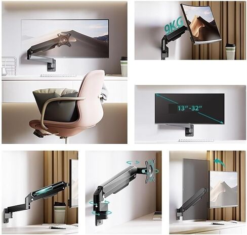 Monitor Arm Single Monitor Wall Mount for Max 32 Inch, 4.4-19.8Lbs Screens, Fully Adjustable Gas Spring Monitor Arm Wall Mounted Monitor Holder with 75/100Mm Monitor Moun in Kuwait