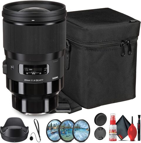 عدسة سيجما 28 مم f/1.4 DG HSM Art لـ Sony E، إطار كامل واسع الزاوية، فتحة f/1.4، محرك Hyper Sonic AF، حزمة بناء محكمة الغلق ضد الطقس مع فلتر ومجموعة تنظيف (4 عناصر) in Kuwait