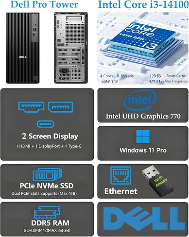 أجهزة كمبيوتر سطح المكتب من Dell، كمبيوتر مكتبي Pro Tower (الجيل التالي OptiPlex)، معالج Intel رباعي النواة من الجيل الرابع عشر، ذاكرة وصول عشوائي DDR5 سعة 16 جيجابايت، محرك أقراص PCIe SSD سعة 512 جيجابايت، RJ-45، منفذ DisplayPort، HDMI، نوع C، Windows 11 in Kuwait
