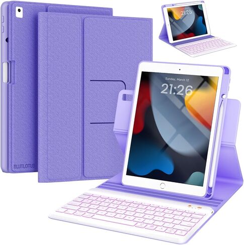 حافظة لوحة المفاتيح لجهاز iPad 9th/8th/7th Generation 10.2 بوصة 2021/2020/2019 وipad Pro 10.5 بوصة وipad Air 3 2019 - لوحة مفاتيح بإضاءة خلفية قابلة للفصل 360 درجة غطاء فوليو قابل للدوران مع حامل القلم الرصاص العلوي - (أرجواني) in Kuwait