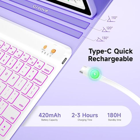 حافظة لوحة المفاتيح لجهاز iPad 9th/8th/7th Generation 10.2 بوصة 2021/2020/2019 وipad Pro 10.5 بوصة وipad Air 3 2019 - لوحة مفاتيح بإضاءة خلفية قابلة للفصل 360 درجة غطاء فوليو قابل للدوران مع حامل القلم الرصاص العلوي - (أرجواني) in Kuwait