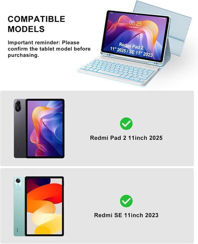 Keyboard Case for Xiaomi Redmi Pad 2 11 Inch 2025 & Redmi Pad SE 11 Inch 2023 Case with Backlit Keypad, Detachable Wireless Keyboard Cover with 7 Colors Backlight, Pen Holder, Long Battery Life, Blue in Kuwait
