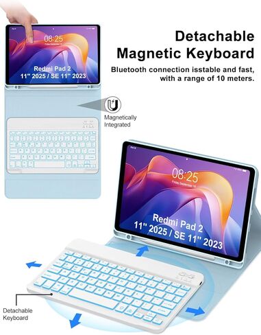 Keyboard Case for Xiaomi Redmi Pad 2 11 Inch 2025 & Redmi Pad SE 11 Inch 2023 Case with Backlit Keypad, Detachable Wireless Keyboard Cover with 7 Colors Backlight, Pen Holder, Long Battery Life, Blue in Kuwait