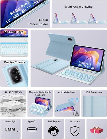 Keyboard Case for Xiaomi Redmi Pad 2 11 Inch 2025 & Redmi Pad SE 11 Inch 2023 Case with Backlit Keypad, Detachable Wireless Keyboard Cover with 7 Colors Backlight, Pen Holder, Long Battery Life, Blue in Kuwait