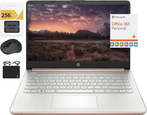 HP New 14" HD Ultra Light Thin Laptop, Quad-Core Intel Celeron Processor, 16GB RAM, 320GB (64GB eMMC+ 256GB Card), Wi-Fi, Upto 11 Hours, Windows 11 S + 1 Year Office 365+HubxcelAccessory, Rose Gold in Kuwait