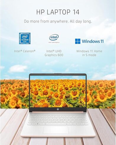 HP New 14" HD Ultra Light Thin Laptop, Quad-Core Intel Celeron Processor, 16GB RAM, 320GB (64GB eMMC+ 256GB Card), Wi-Fi, Upto 11 Hours, Windows 11 S + 1 Year Office 365+HubxcelAccessory, Rose Gold in Kuwait