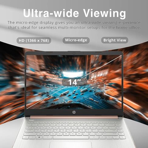 HP New 14" HD Ultra Light Thin Laptop, Quad-Core Intel Celeron Processor, 16GB RAM, 320GB (64GB eMMC+ 256GB Card), Wi-Fi, Upto 11 Hours, Windows 11 S + 1 Year Office 365+HubxcelAccessory, Rose Gold in Kuwait