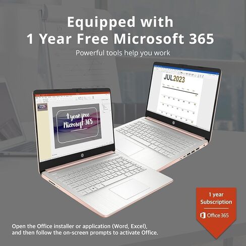 HP New 14" HD Ultra Light Thin Laptop, Quad-Core Intel Celeron Processor, 16GB RAM, 320GB (64GB eMMC+ 256GB Card), Wi-Fi, Upto 11 Hours, Windows 11 S + 1 Year Office 365+HubxcelAccessory, Rose Gold in Kuwait