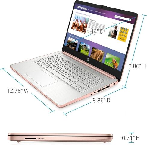 HP New 14" HD Ultra Light Thin Laptop, Quad-Core Intel Celeron Processor, 16GB RAM, 320GB (64GB eMMC+ 256GB Card), Wi-Fi, Upto 11 Hours, Windows 11 S + 1 Year Office 365+HubxcelAccessory, Rose Gold in Kuwait