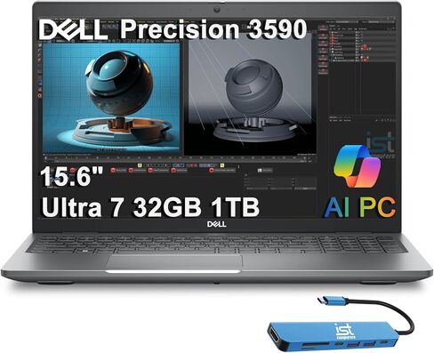 Dell Precision 3590 Mobile Workstation AI PC Laptop (15.6" FHD, Intel 12-Core Ultra 7 155U, 32GB DDR5, 1TB SSD) for Business, Engineer, FP, 2X Thunderbolt 4, 1080p RGB Webcam, IST HUB, Win 11 Pro in Kuwait