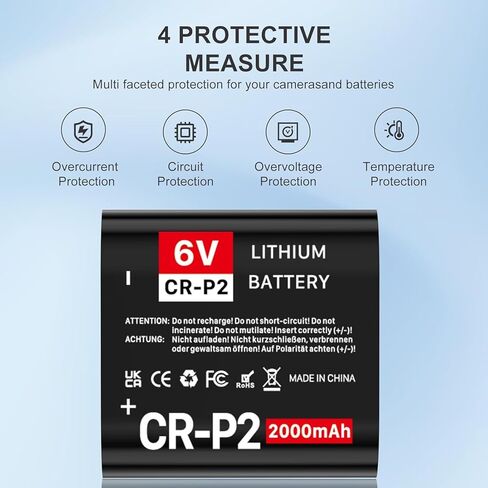 بطارية CR-P2، 6 فولت 2000 مللي أمبير في الساعة متوافقة مع الكاميرات ووحدات الفلاش وأضواء الطوارئ وبطارية ليثيوم بديلة للصور 223A، DL223A، EL223AP، 2CR-P2، غير قابلة لإعادة الشحن، عبوة واحدة in Kuwait