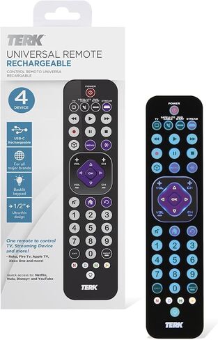 TERK Rechargeable Universal Remote Control, 4 Device Remote with USB-C Charging, Backlit Keypad, Long Range IR, Compatible with TV, Streaming Players, Cable Boxes, Roku, Fire TV in Kuwait