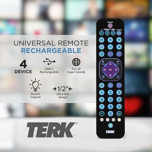 TERK Rechargeable Universal Remote Control, 4 Device Remote with USB-C Charging, Backlit Keypad, Long Range IR, Compatible with TV, Streaming Players, Cable Boxes, Roku, Fire TV in Kuwait
