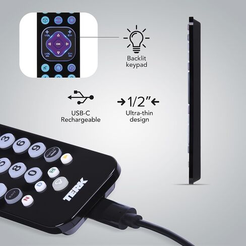 TERK Rechargeable Universal Remote Control, 4 Device Remote with USB-C Charging, Backlit Keypad, Long Range IR, Compatible with TV, Streaming Players, Cable Boxes, Roku, Fire TV in Kuwait