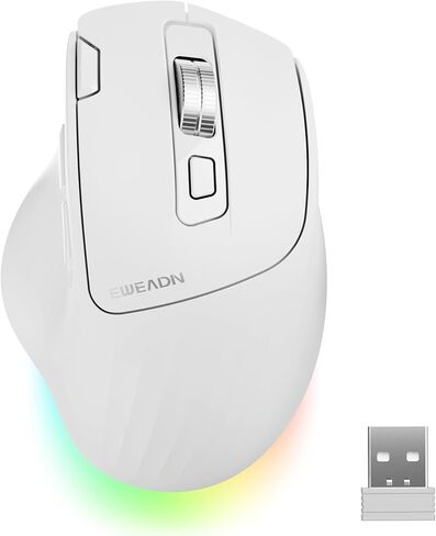 EWEADN C2 Ergonomic Wireless Mouse, 2.4G & Bluetooth Mouse for Laptop, Silent Click Dul-Mode Rechargeable Computer Mouse, 5 DPI Levels Optical Mice with RGB for Laptop, PC, Mac, Windows - White in Kuwait