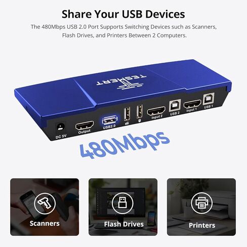 HDMI KVM Switch 1 Monitor 2 Computers, 4K@60Hz KVM Switches for 2 PC Sharing Monitor Keyboard Mouse, with EDID, L/R Out, HDR10 Dolby Vision, USB, Auto Scan, IR Hotkey Switch, 2 1.5m KVM Cable in Kuwait