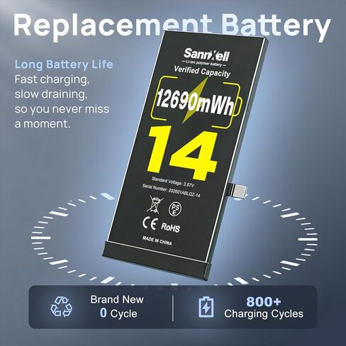 بطارية SannXell عالية السعة لاستبدال iPhone 14، 12690 ميجاوات في الساعة 0 دورة A2649 A2881 A2882 A2883 A2884، بطارية ليثيوم أيون طويلة الأمد للغاية مع مجموعة أدوات إصلاح كاملة in Kuwait