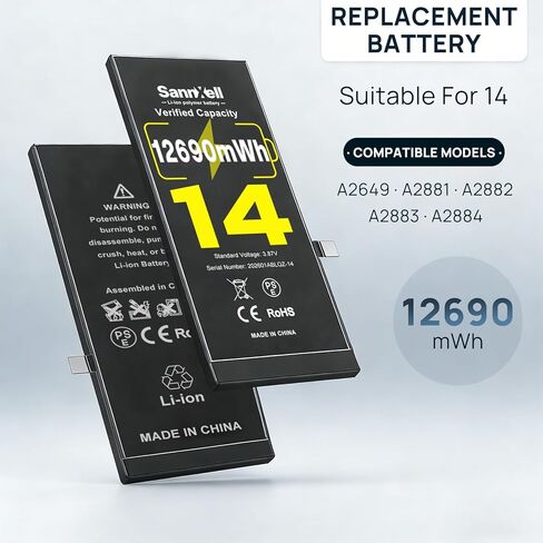 بطارية SannXell عالية السعة لاستبدال iPhone 14، 12690 ميجاوات في الساعة 0 دورة A2649 A2881 A2882 A2883 A2884، بطارية ليثيوم أيون طويلة الأمد للغاية مع مجموعة أدوات إصلاح كاملة in Kuwait
