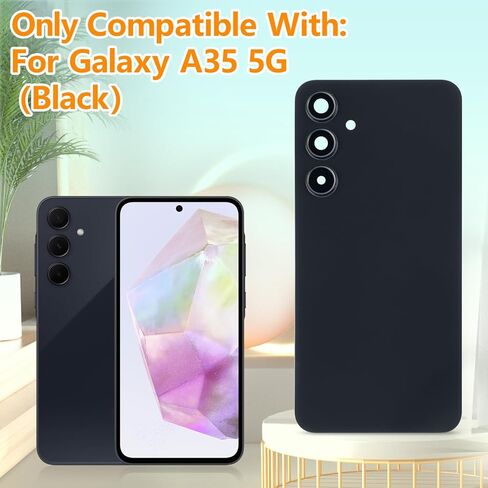 غطاء خلفي للبطارية YHX-US بديل لهاتف Samsung Galaxy A35 5G غطاء خلفي للباب مع طبقة حماية للكاميرا الخلفية + زجاج مقسى + مجموعة أدوات إصلاح (اللون: أسود) in Kuwait
