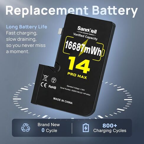 بطارية SannXell مطورة عالية السعة لاستبدال iPhone 14 Pro Max، 16687 ميجاوات في الساعة 0 دورة A2651 A2893 A2894 A2895 A2896، بطارية ليثيوم أيون طويلة الأمد للغاية مع مجموعة أدوات إصلاح كاملة in Kuwait