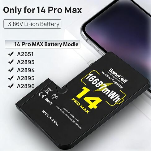 بطارية SannXell مطورة عالية السعة لاستبدال iPhone 14 Pro Max، 16687 ميجاوات في الساعة 0 دورة A2651 A2893 A2894 A2895 A2896، بطارية ليثيوم أيون طويلة الأمد للغاية مع مجموعة أدوات إصلاح كاملة in Kuwait