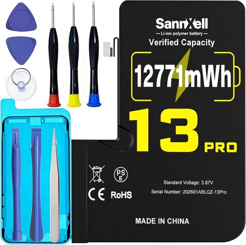 SannXell بطارية عالية السعة مطورة لاستبدال iPhone 13 Pro، 12771 ميجاوات في الساعة 0 دورة A2636 A2638 A2639 A2640 A2483، بطارية ليثيوم أيون طويلة الأمد للغاية مع مجموعة أدوات إصلاح كاملة in Kuwait