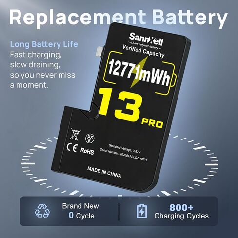 SannXell بطارية عالية السعة مطورة لاستبدال iPhone 13 Pro، 12771 ميجاوات في الساعة 0 دورة A2636 A2638 A2639 A2640 A2483، بطارية ليثيوم أيون طويلة الأمد للغاية مع مجموعة أدوات إصلاح كاملة in Kuwait