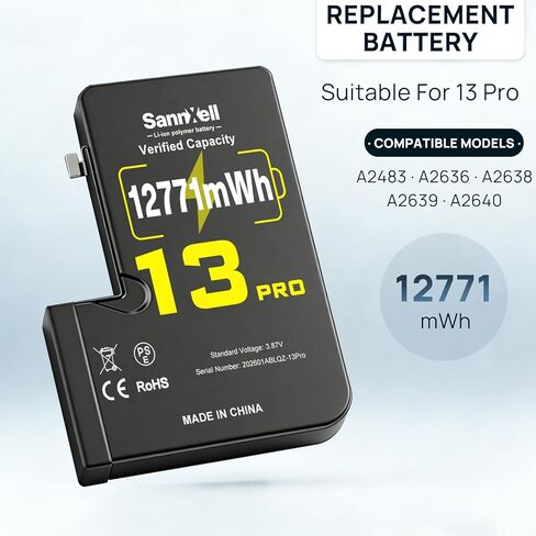 SannXell بطارية عالية السعة مطورة لاستبدال iPhone 13 Pro، 12771 ميجاوات في الساعة 0 دورة A2636 A2638 A2639 A2640 A2483، بطارية ليثيوم أيون طويلة الأمد للغاية مع مجموعة أدوات إصلاح كاملة in Kuwait