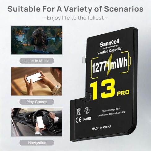 SannXell بطارية عالية السعة مطورة لاستبدال iPhone 13 Pro، 12771 ميجاوات في الساعة 0 دورة A2636 A2638 A2639 A2640 A2483، بطارية ليثيوم أيون طويلة الأمد للغاية مع مجموعة أدوات إصلاح كاملة in Kuwait
