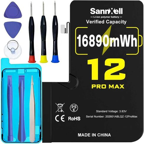 بطارية ليثيوم أيون مطورة ذات سعة عالية 16890 ميجاوات في الساعة 0 دورة لهاتف iPhone 12 Pro Max، بطارية ليثيوم أيون طويلة الأمد للغاية بديلة A2342، A2410، A2412، A2411 مع مجموعة أدوات إصلاح كاملة in Kuwait