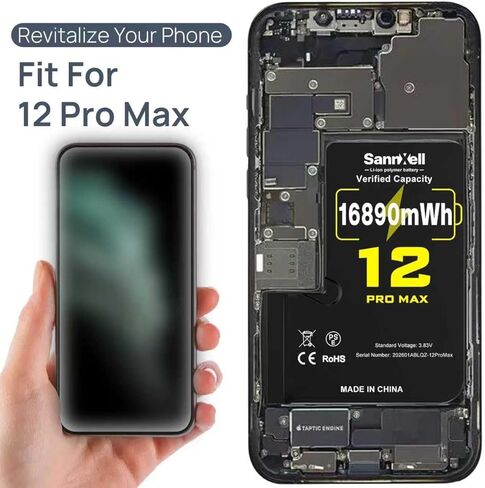 بطارية ليثيوم أيون مطورة ذات سعة عالية 16890 ميجاوات في الساعة 0 دورة لهاتف iPhone 12 Pro Max، بطارية ليثيوم أيون طويلة الأمد للغاية بديلة A2342، A2410، A2412، A2411 مع مجموعة أدوات إصلاح كاملة in Kuwait