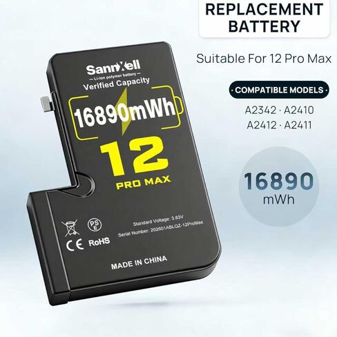 بطارية ليثيوم أيون مطورة ذات سعة عالية 16890 ميجاوات في الساعة 0 دورة لهاتف iPhone 12 Pro Max، بطارية ليثيوم أيون طويلة الأمد للغاية بديلة A2342، A2410، A2412، A2411 مع مجموعة أدوات إصلاح كاملة in Kuwait