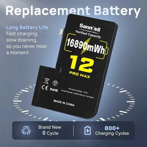بطارية ليثيوم أيون مطورة ذات سعة عالية 16890 ميجاوات في الساعة 0 دورة لهاتف iPhone 12 Pro Max، بطارية ليثيوم أيون طويلة الأمد للغاية بديلة A2342، A2410، A2412، A2411 مع مجموعة أدوات إصلاح كاملة in Kuwait